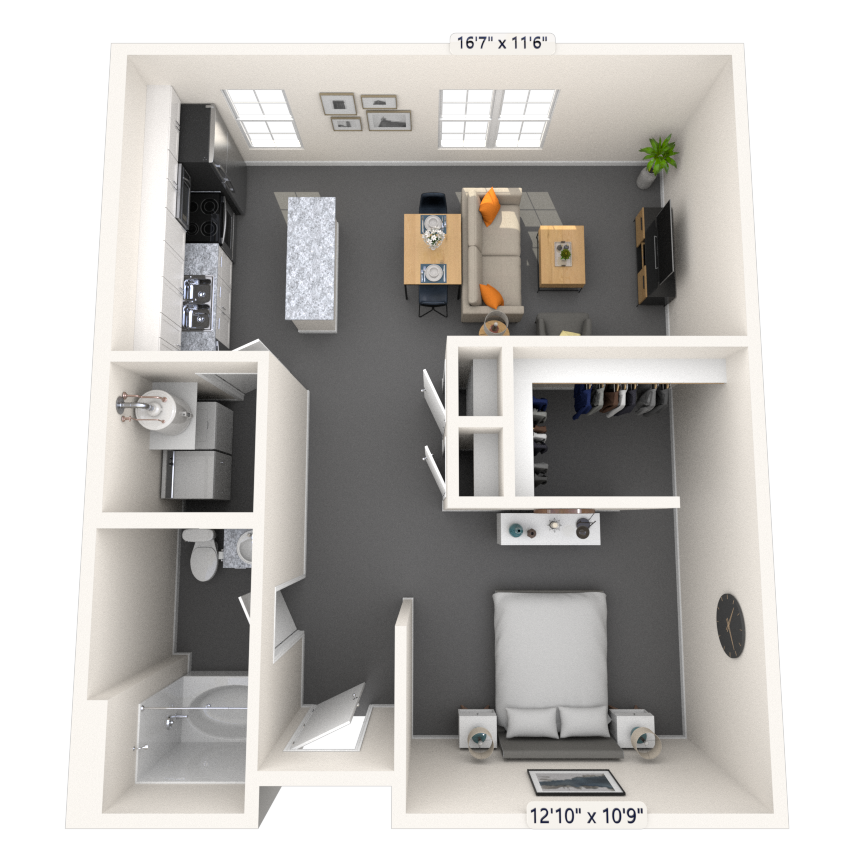 Floor plan for studio, 1 bath, 788 sqft